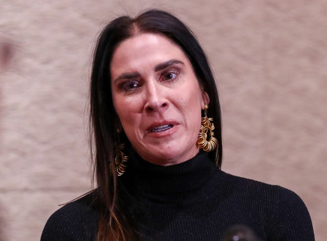 Texas Rangers sideline reporter Emily Jones speaks to the media during the College Baseball Foundation's First Pitch Luncheon, Thursday, Jan. 23, 2025, at the Lubbock Civic Center.