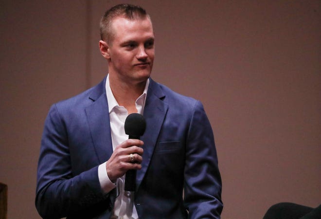 Josh Jung of the Texas Rangers speaks during the College Baseball Foundation's First Pitch Luncheon, Thursday, Jan. 23, 2025, at the Lubbock Civic Center.