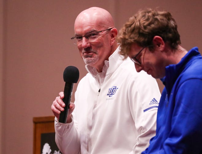 Lubbock Christian head coach Nathan Blackwood speaks during the College Baseball Foundation's First Pitch Luncheon, Thursday, Jan. 23, 2025, at the Lubbock Civic Center.