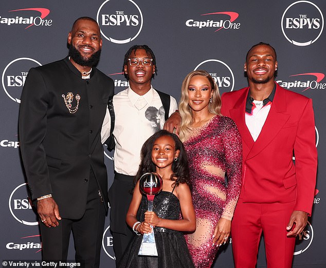 Bryce is the second child of Lakers superstar LeBron and wife Savannah (second right)