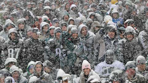 PHILADELPHIA - DECEMBER 8: Fans sit in the stands and watch play as snow falls during a game between the Philadelphia Eagles and the Detroit Lions on December 8, 2013 at Lincoln Financial Field in Philadelphia, Pennsylvania. The Eagles won 34-20. (Photo by Hunter Martin/Philadelphia Eagles/Getty Images)