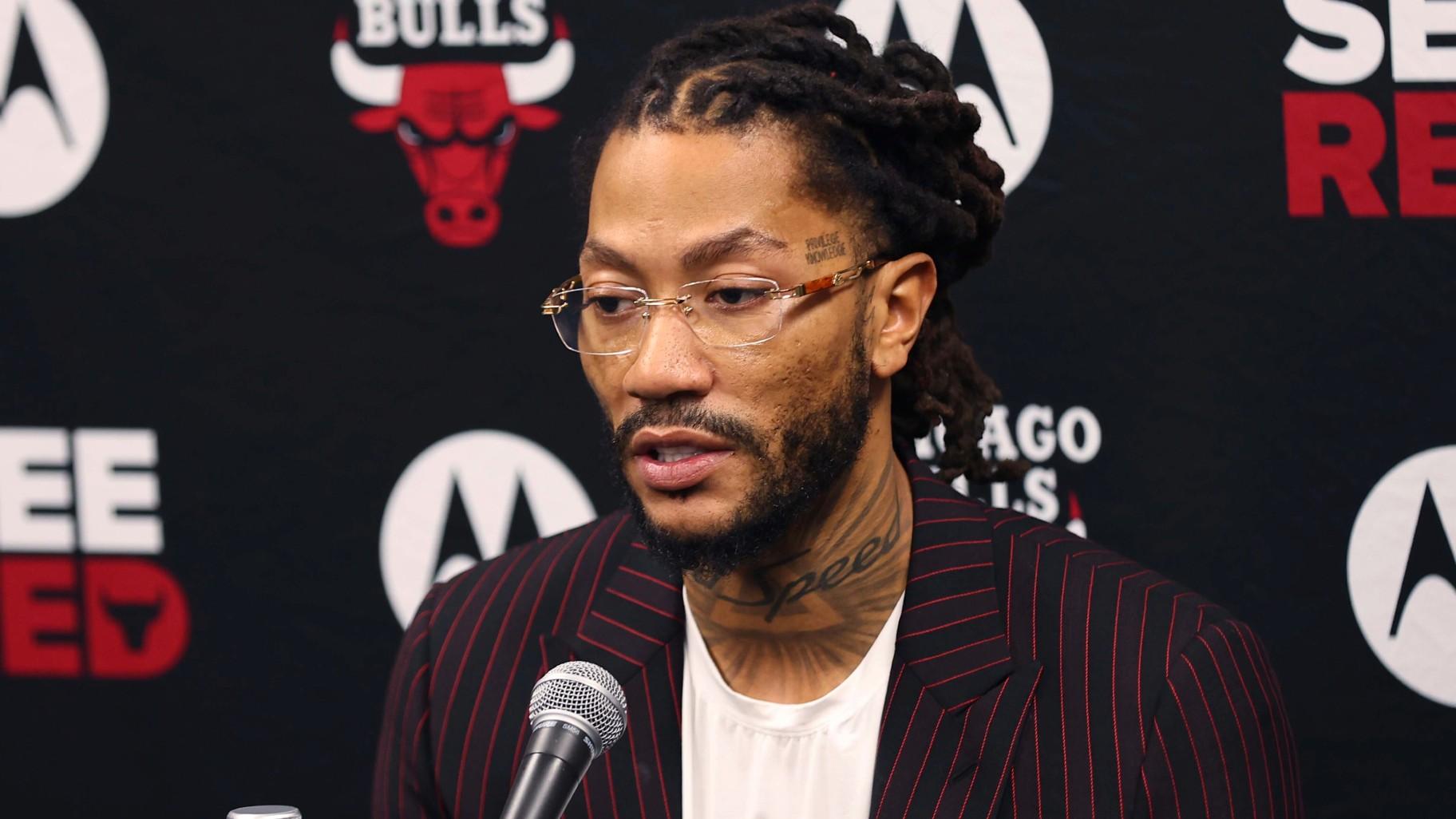 Former NBA player Derrick Rose answers questions during a news conference before an NBA basketball game between the New York Knicks and the Chicago Bulls, Saturday, Jan. 4, 2025, in Chicago. (AP Photo / Melissa Tamez)