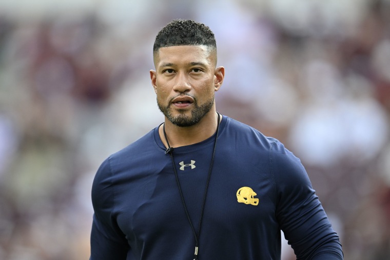 Head Coach Marcus Freeman of the Notre Dame Fighting Irish looks on prior to the game against the Texas A&M Aggies Kyle Field on August 31, 2024 in College Station, Texas.