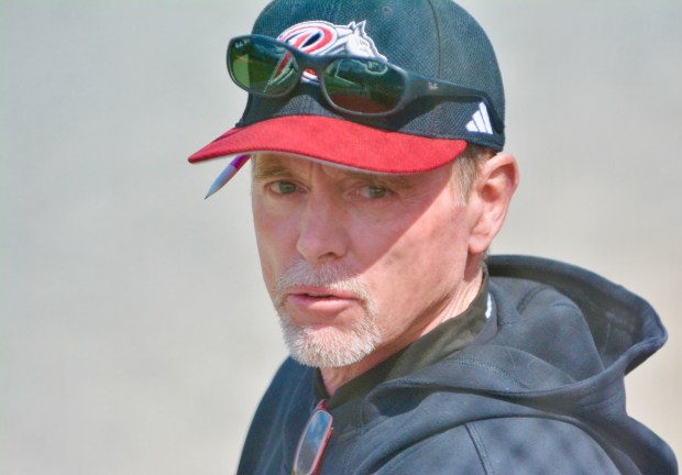 Rider coach Dr. Barry Davis looks on from the dugout against Siena during a MAAC baseball game at Sonny Pittaro Field in Lawrenceville last season. Davis has stepped down after 20 years as the team's skipper. (Kyle Franko/ Trentonian Photo)