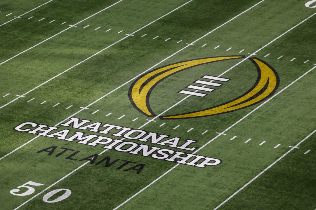 ATLANTA, GA - JANUARY 20: The College Football Playoff National Championship logo at midfield before the Ohio State Buckeyes versus Notre Dame Fighting Irish College Football Playoff National Championship game on January 20, 2025, at Mercedes-Benz Stadium in Atlanta, GA. (Photo by David Rosenblum/Icon Sportswire via Getty Images)