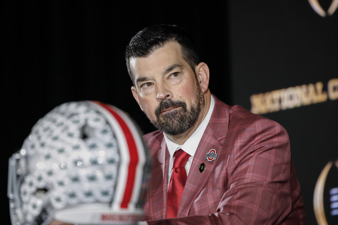 ATLANTA, GA - JANUARY 19: Head Coach Ryan Day of the The Ohio State Buckeyes talks with the media during the CFP National Championship Head Coaches News Conference at the Westin Peachtree Plaza Hotel on January 19, 2025 in Atlanta, Georgia. (Photo by Don Juan Moore/Getty Images)