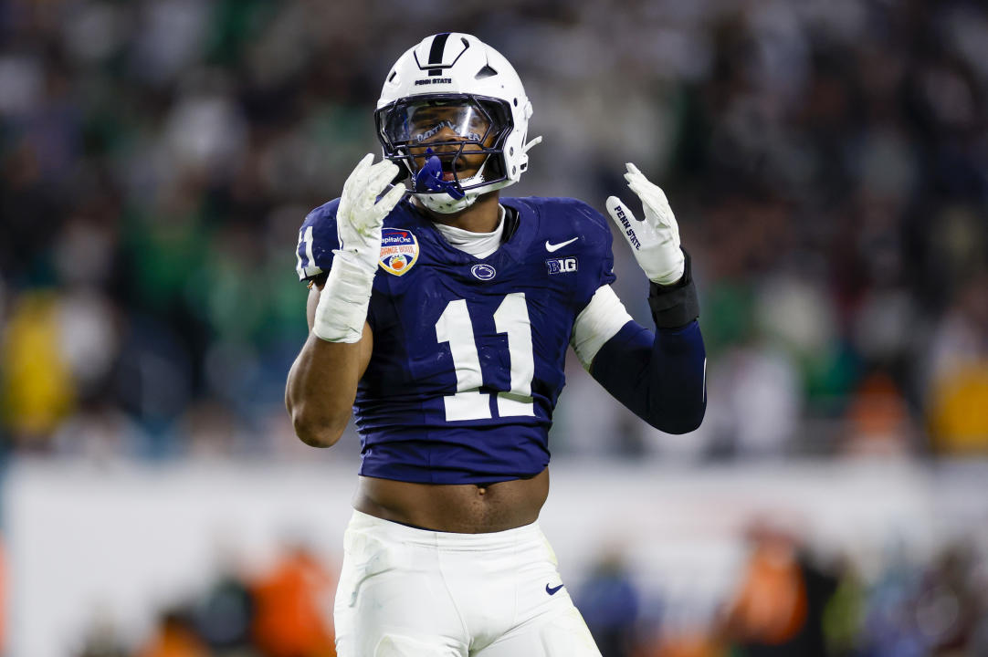 MIAMI GARDENS, FL - JANUARY 09: Defensive End Abdul Carter #11 of the Penn State Nittany Lions reacts after a play during the Penn State Nittany Lions versus the Notre Dame Fighting Irish College Football Playoff Semifinal at the Orange Bowl on January 9, 2025 at Hard Rock Stadium in Miami Gardens, Fl. (Photo by David Rosenblum/Icon Sportswire via Getty Images)