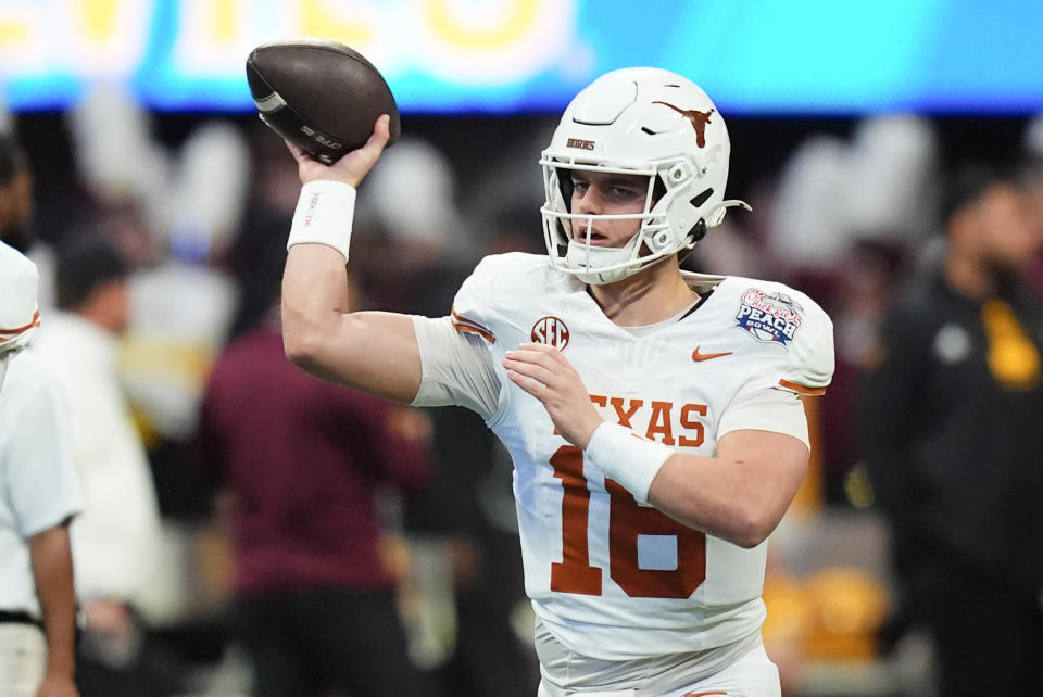 ATLANTA, GEORGIA - JANUARY 1: Arch Manning #16 of the Texas Longhorns warms up prior to the game against the Arizona State Sun Devils at Mercedes-Benz Stadium on January 1, 2025 in Atlanta, Georgia. (Photo by CFP/Getty Images)