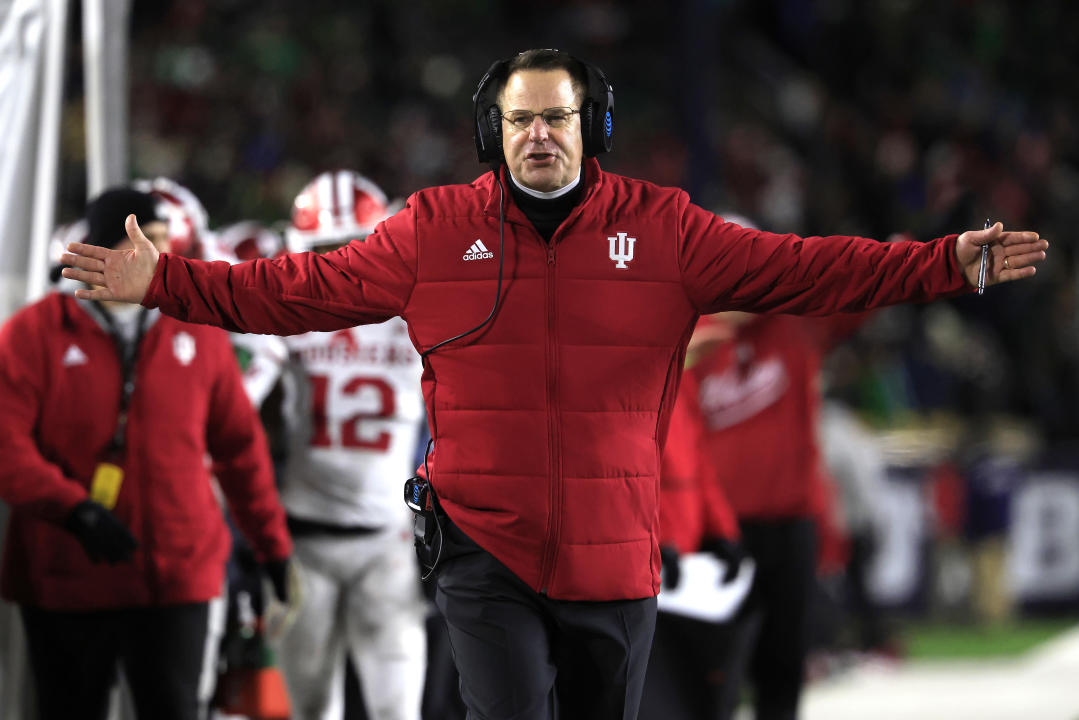 SOUTH BEND, INDIANA - DECEMBER 20: Head coach Curt Cignetti of the Indiana Hoosiers reacts during the second quarter against the Notre Dame Fighting Irish in the Playoff First Round game at Notre Dame Stadium on December 20, 2024 in South Bend, Indiana.  (Photo by Justin Casterline/Getty Images)