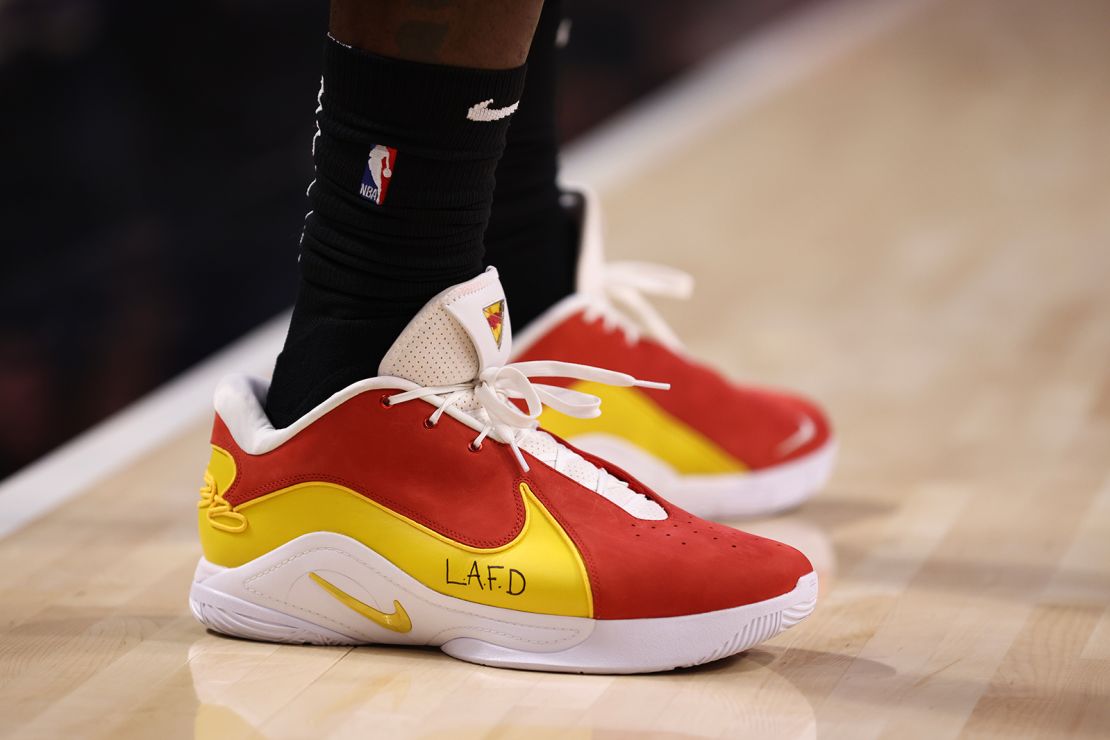 A view of the shoes worn by LeBron James showing support for the LA Fire Department Monday night.