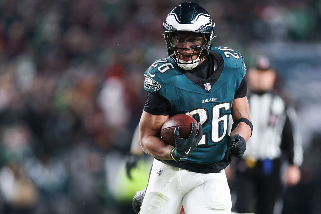 Saquon Barkley #26 of the Philadelphia Eagles runs with the football during the fourth quarter in the NFC Championship Game against the Washington Commanders at Lincoln Financial Field, in Philadelphia, Pa. on Jan. 26, 2025.