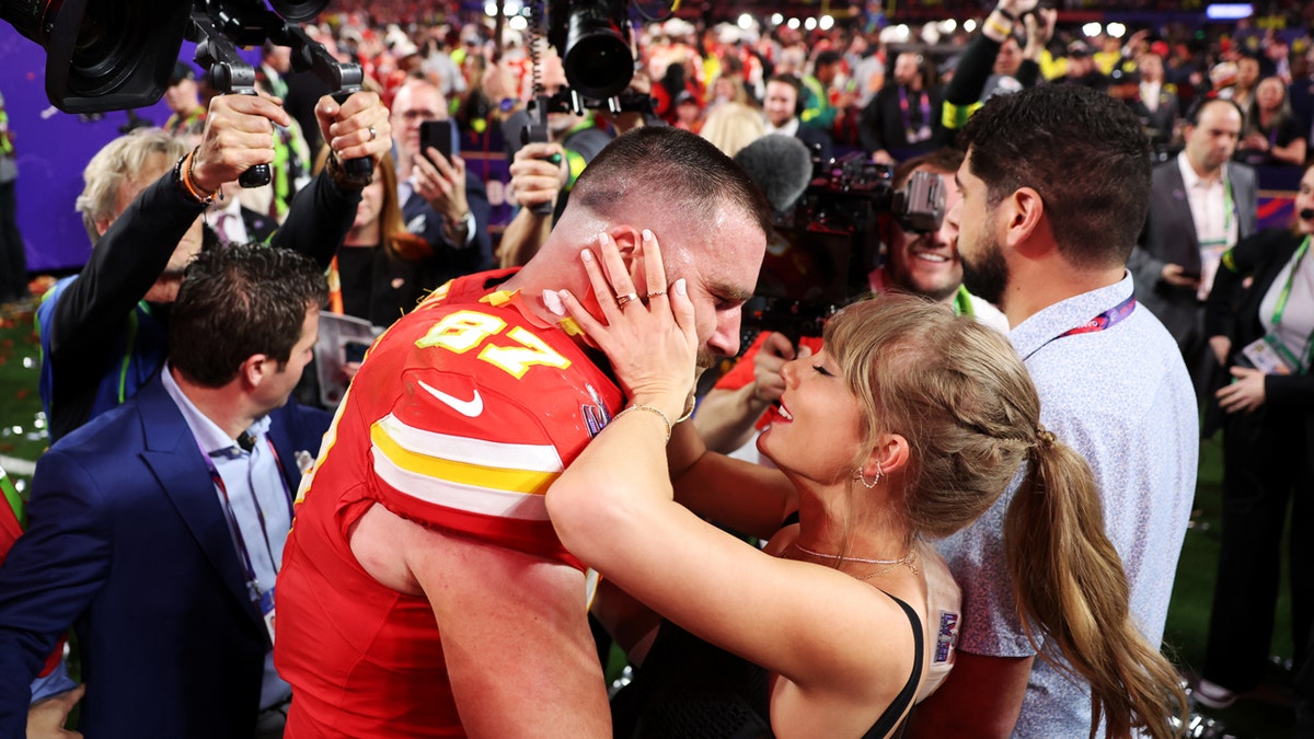 Taylor Swift and Travis Kelce after Chiefs Super Bowl win