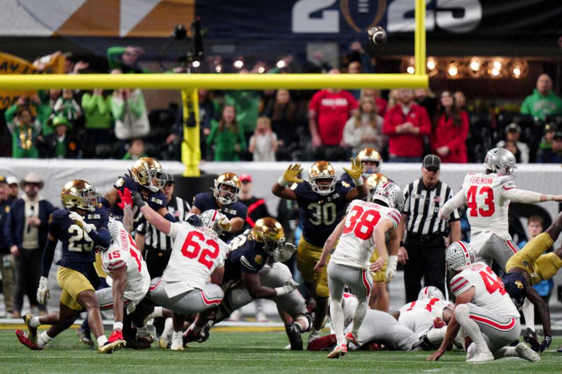 Ohio State place kicker Jayden Fielding kicks a field goal against Notre Dame during second half of the College Football Playoff national championship game on Monday