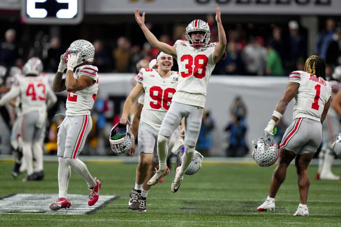 Ohio State kicker Jayden Fielding celebrates his field goal against Notre Dame in the college football championship on Monday.