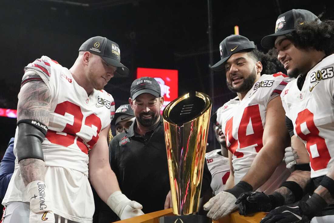 Ohio State celebrates after their win against Notre Dame in the College Football Playoff national championship game on Monday in Atlanta.