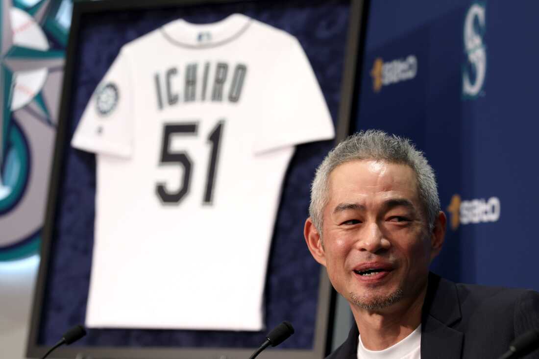 Former Seattle Mariners player Ichiro Suzuki reacts as he is elected into the National Baseball Hall of Fame, after receiving the near-unanimous results of the 2025 Baseball Writers Association of America Hall of Fame Ballot on Tuesday. Suzuki is the first Japanese-born player named to the National Baseball Hall of Fame.