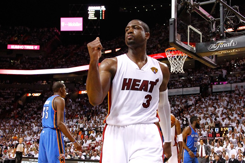 Dwyane Wade of the Miami Heat celebrates during an NBA Finals game.