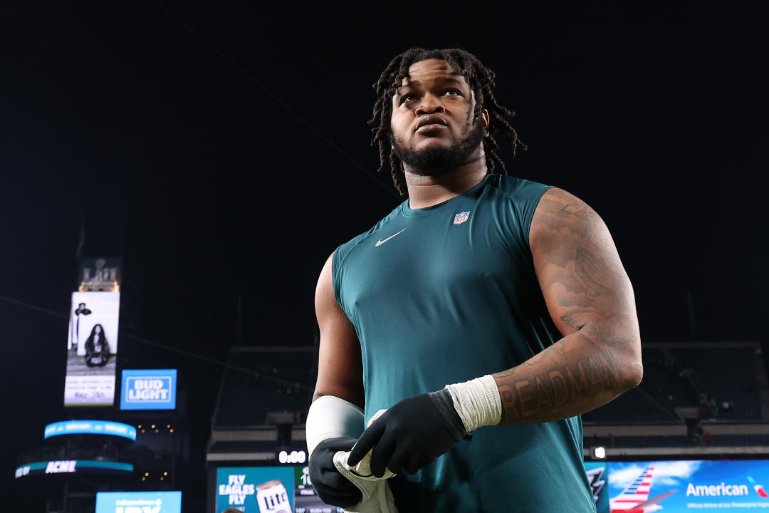 Jan 12, 2025; Philadelphia, Pennsylvania, USA; Philadelphia Eagles defensive tackle Jalen Carter (98) reacts after the game against the Green Bay Packers in an NFC wild card game at Lincoln Financial Field. Mandatory Credit: Bill Streicher-Imagn Images