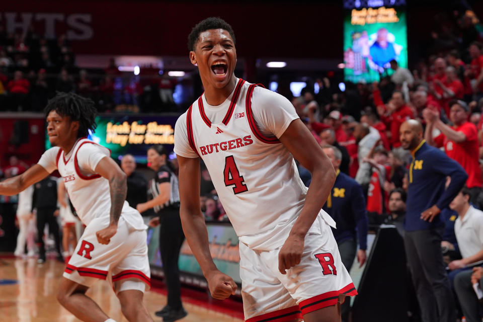 PISCATAWAY, NJ - FEBRUARY 01:  Ace Bailey #4 of the Rutgers Scarlet Knights reacts during the first half of the game against the Michigan Wolverines on February 1, 2025 at Jersey Mikes Arena in Piscataway, New Jersey.  Photo by Rich Graessle/Icon Sportswire via Getty Images)