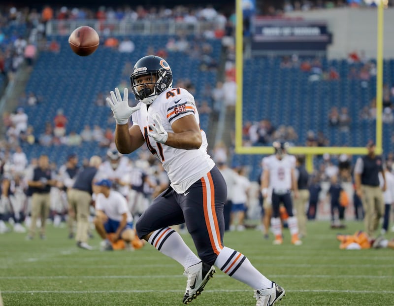 Chicago Bears running back Paul Lasike (47)  warms up before a preseason NFL football game Thursday, Aug. 18, 2016, in Foxborough, Mass.