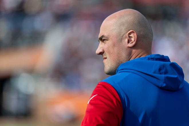 National team head coach Mike Kafka of the New York Giants looks on during the first half against the American team at Hancock Whitney Stadium.