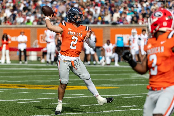 American team quarterback Jaxson Dart of Ole Miss (2) during the first half of the 2025 Senior Bowl football game against the National team at Hancock Whitney Stadium.