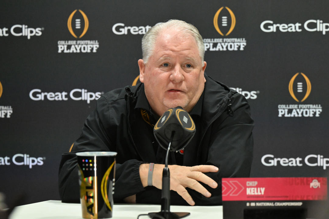 ATLANTA, GEORGIA - JANUARY 18: Offensive coordinator Chip Kelly of the Ohio State Buckeyes speaks to the media during the Ohio State Buckeyes media day at the Georgia World Congress Center prior to the 2025 CFP National Championship between the Ohio State Buckeyes and Notre Dame Fighting Irish on January 18, 2025 in Atlanta, Georgia. (Photo by Paras Griffin/Getty Images)