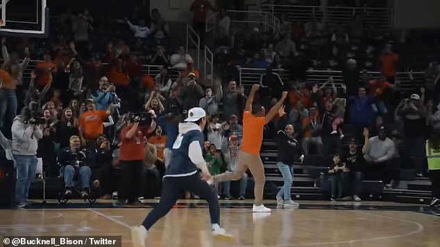 A-Rod is seen running across the court after draining the half-court shot in Pennsylvania