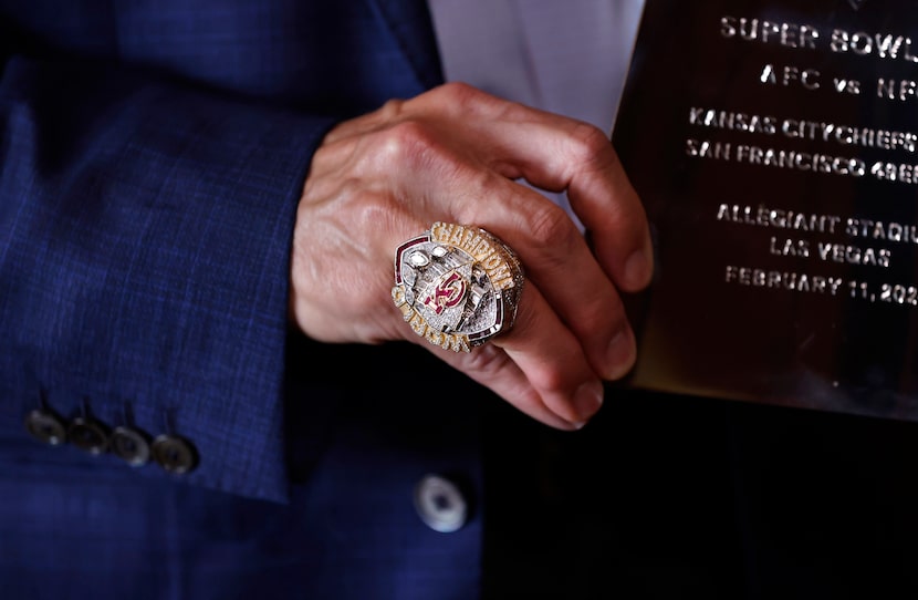 Kansas City Chiefs chairman and CEO Clark Hunt displays last year's Super Bowl ring from the...