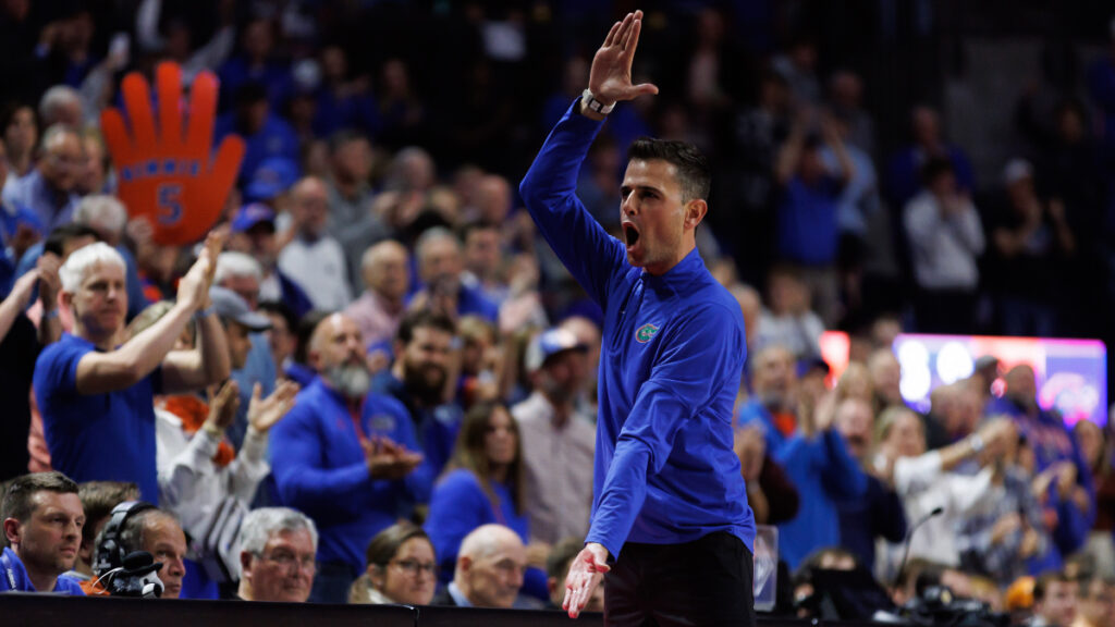 Florida Gators head coach Todd Golden gestures toward the crowd against the Tennessee Volunteers during the second half at Exactech Arena at the Stephen C. O'Connell Center. (Matt Pendleton-Imagn Images)