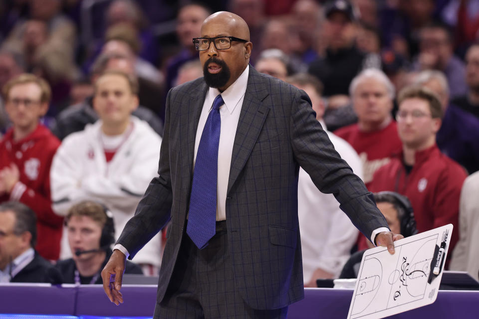 EVANSTON, ILLINOIS - JANUARY 22: Head coach Mike Woodson of the Indiana Hoosiers reacts against the Northwestern Wildcats during the first half at Welsh-Ryan Arena on January 22, 2025 in Evanston, Illinois. (Photo by Michael Reaves/Getty Images)