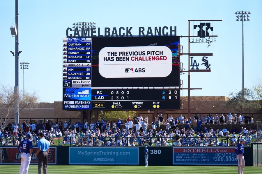 A replay is shown from the Automated Ball-Strike System after a play was challenged during the fourth inning of a spring training baseball game between the Kansas City Royals and the Los Angeles Dodgers, Saturday, Feb. 22, 2025, in Phoenix. (AP Photo/Ashley Landis)