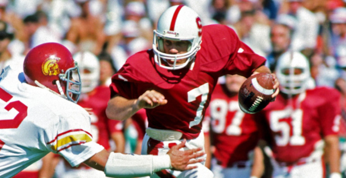 Stanford Cardinal quarterback and 2-time Super Bowl champion John Elway in action during a college football game.