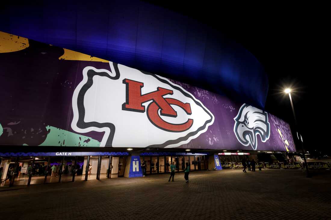 The Chiefs and Eagles logos are displayed at the Caesars Superdome on Monday.