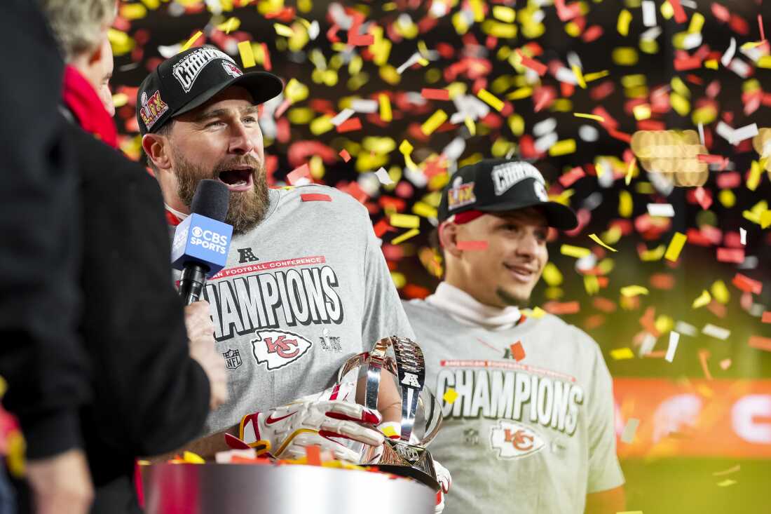 Travis Kelce and Patrick Mahomes of the Kansas City Chiefs celebrate after winning the AFC Championship game.