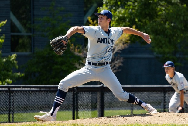 Phillips Andover lefty Thomas White fires in a pitch during his final high school outing against Phillips Exeter on June 9, 2023. White is now considered one of the top MLB prospects. (Photo courtesy of Kelly Graber) 