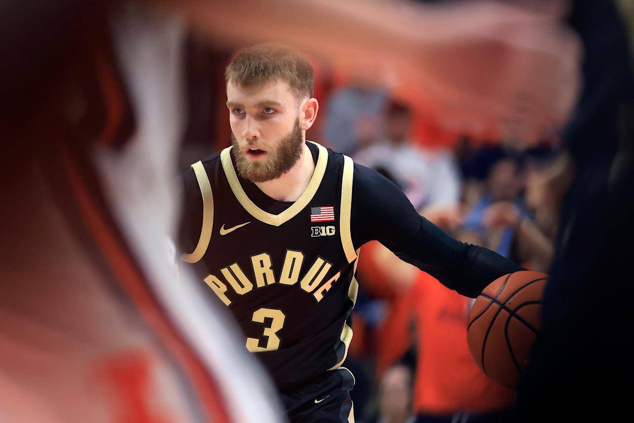 CHAMPAIGN, ILLINOIS - MARCH 07: Braden Smith #3 of the Purdue Boilermakers brings the ball up the court against the Illinois Fighting Illini in the second half at State Farm Center on March 07, 2025 in Champaign, Illinois. (Photo by Justin Casterline/Getty Images)