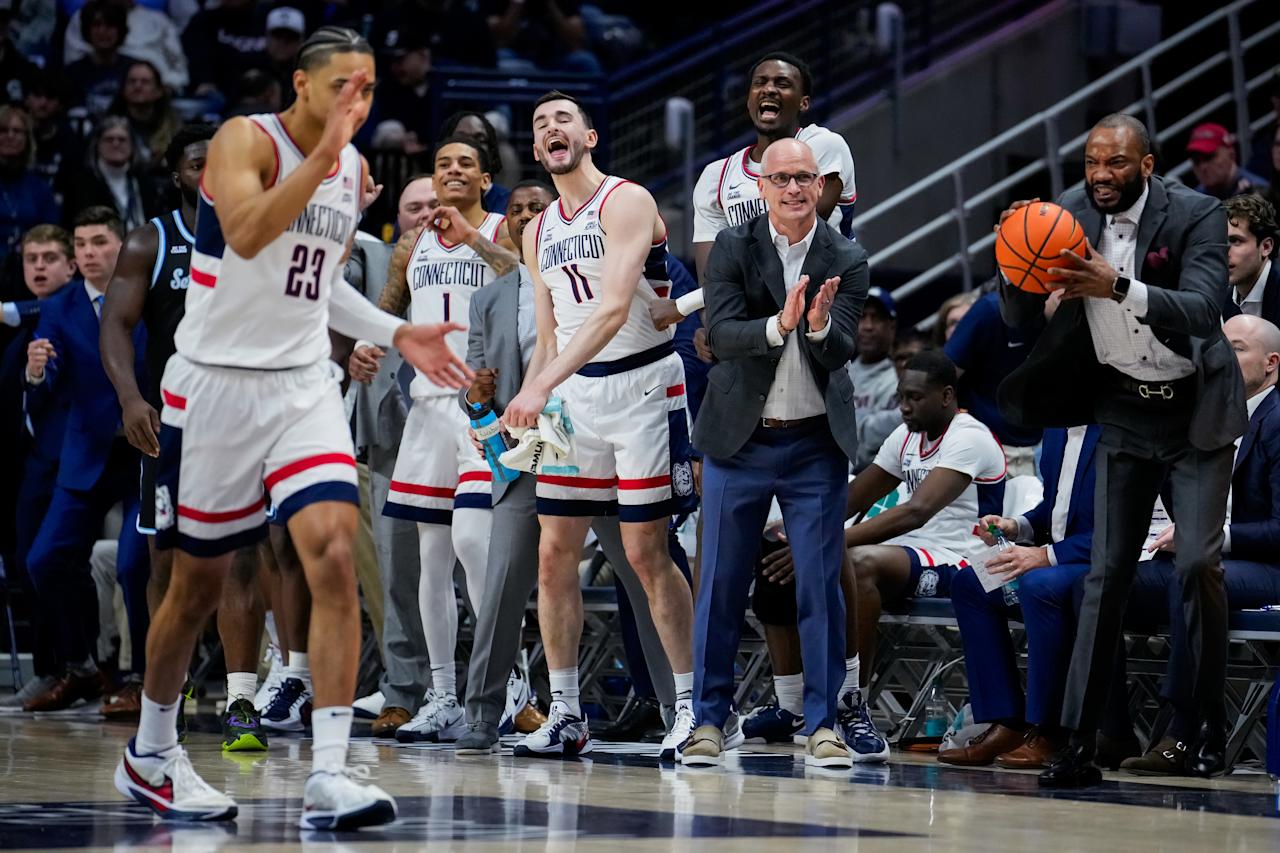 STORRS, CONNECTICUT - MARCH 8: Connecticut Huskies head coach Dan Hurley reacts during the first half of an NCAA basketball game against the Seton Hall Pirates at the Harry A. Gampel Pavilion on March 8, 2025 in Storrs, Connecticut. (Photo by Joe Buglewicz/Getty Images)