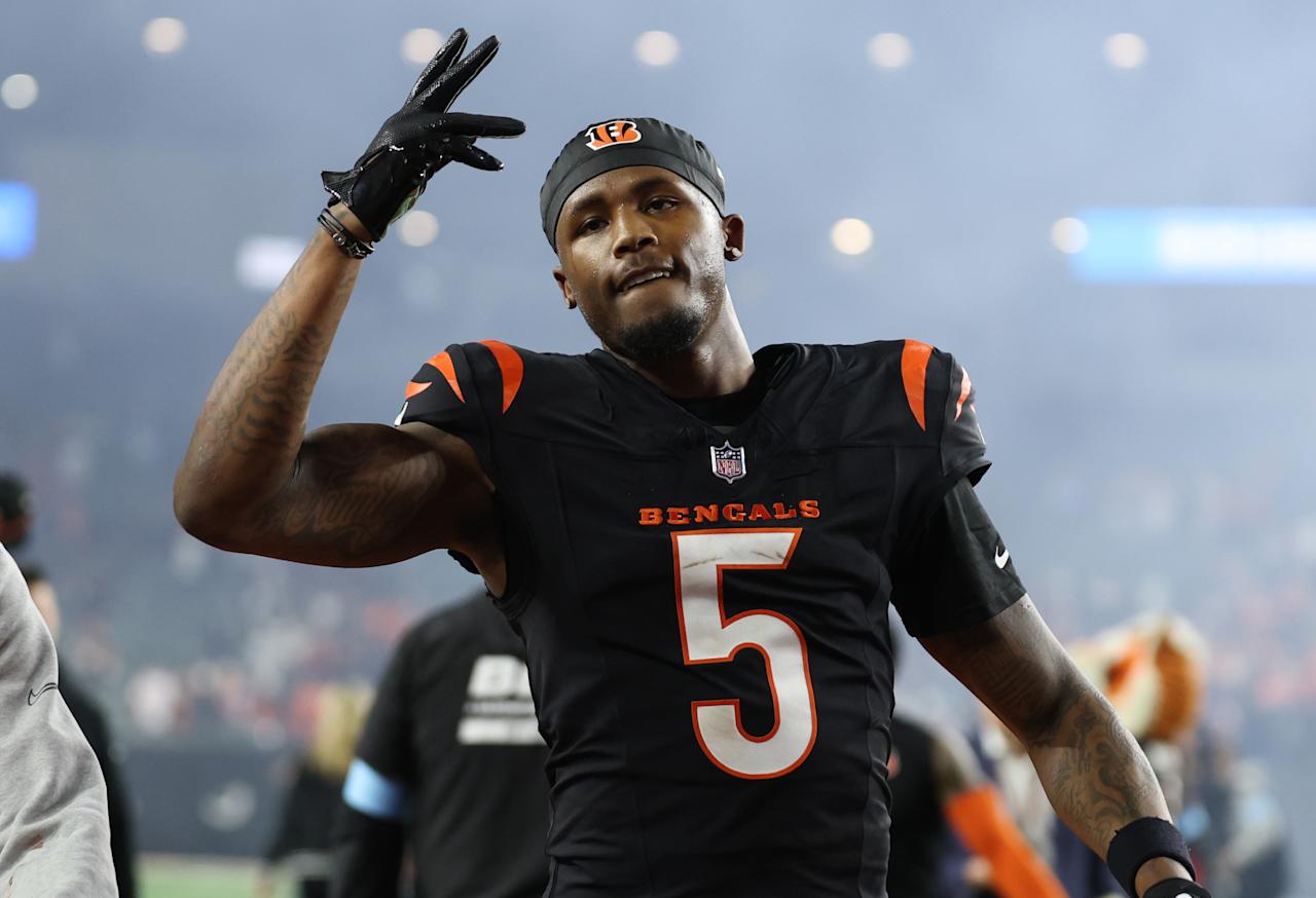 CINCINNATI, OHIO - DECEMBER 28: Tee Higgins #5 of the Cincinnati Bengals reacts after a 30-24 overtime victory against the Denver Broncos at Paycor Stadium on December 28, 2024 in Cincinnati, Ohio. (Photo by Andy Lyons/Getty Images)