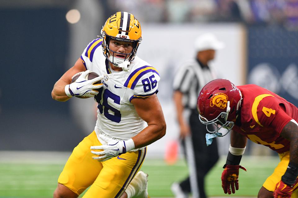 LSU tight end Mason Taylor is the lineage of NFL royalty. (Photo by Brian Rothmuller/Icon Sportswire via Getty Images)