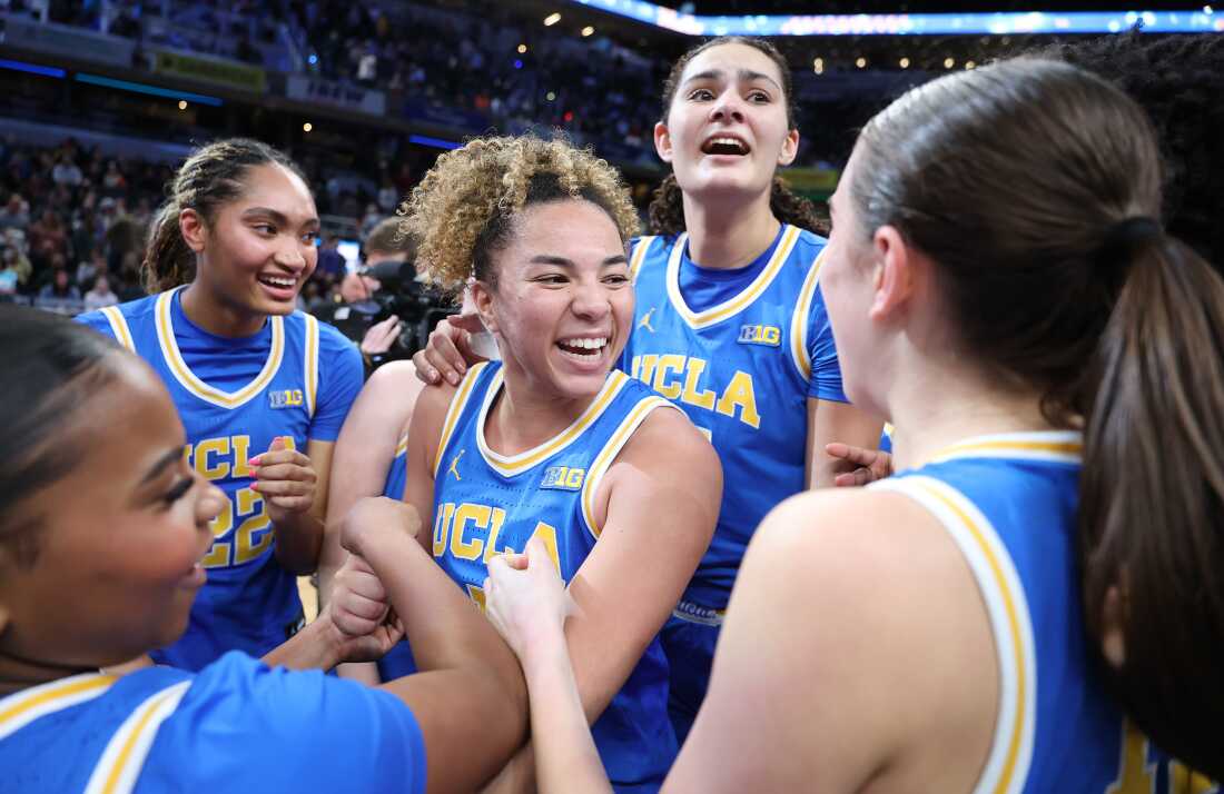 Kiki Rice and the UCLA Bruins celebrate after winning the Big Ten conference championship tournament last weekend.