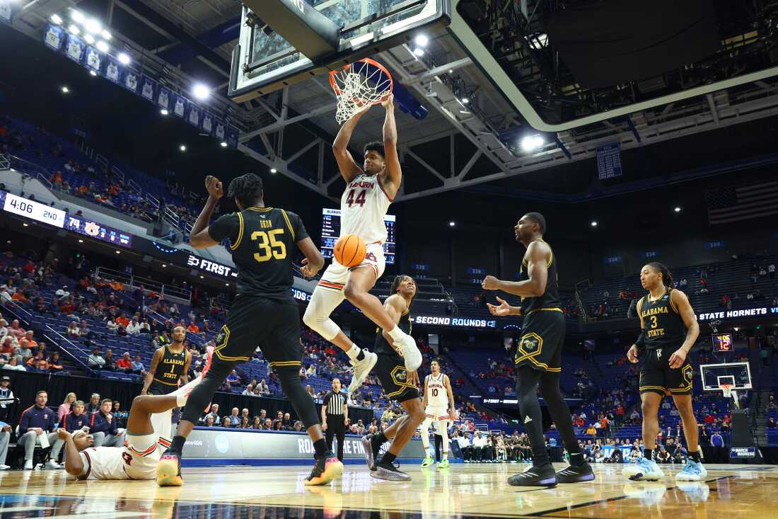 Dylan Cardwell #44 of the Auburn Tigers dunks the ball during the second half against the Alabama State Hornets in the first round of the NCAA Men's Basketball Tournament at Rupp Arena on March 20, 2025 in Lexington, Kentucky.