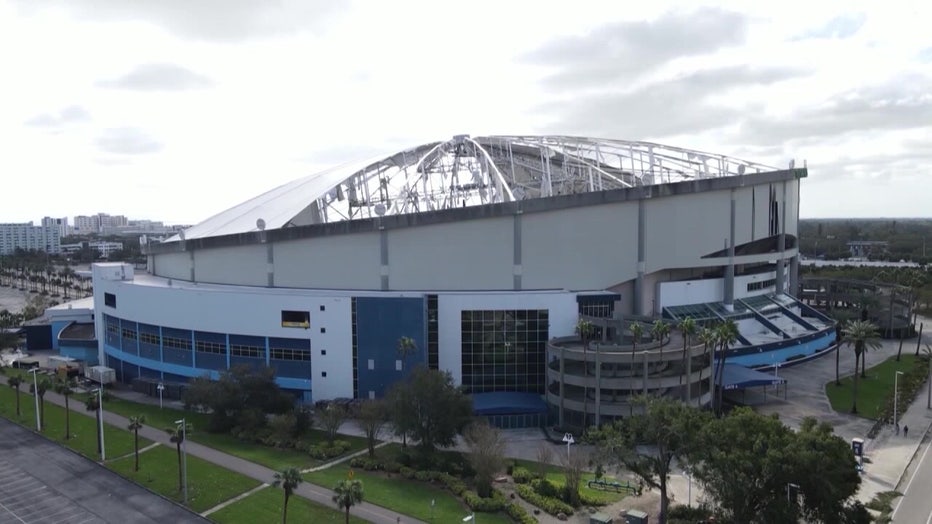 The roof of Tropicana Stadium was destroyed during Hurricane Milton.