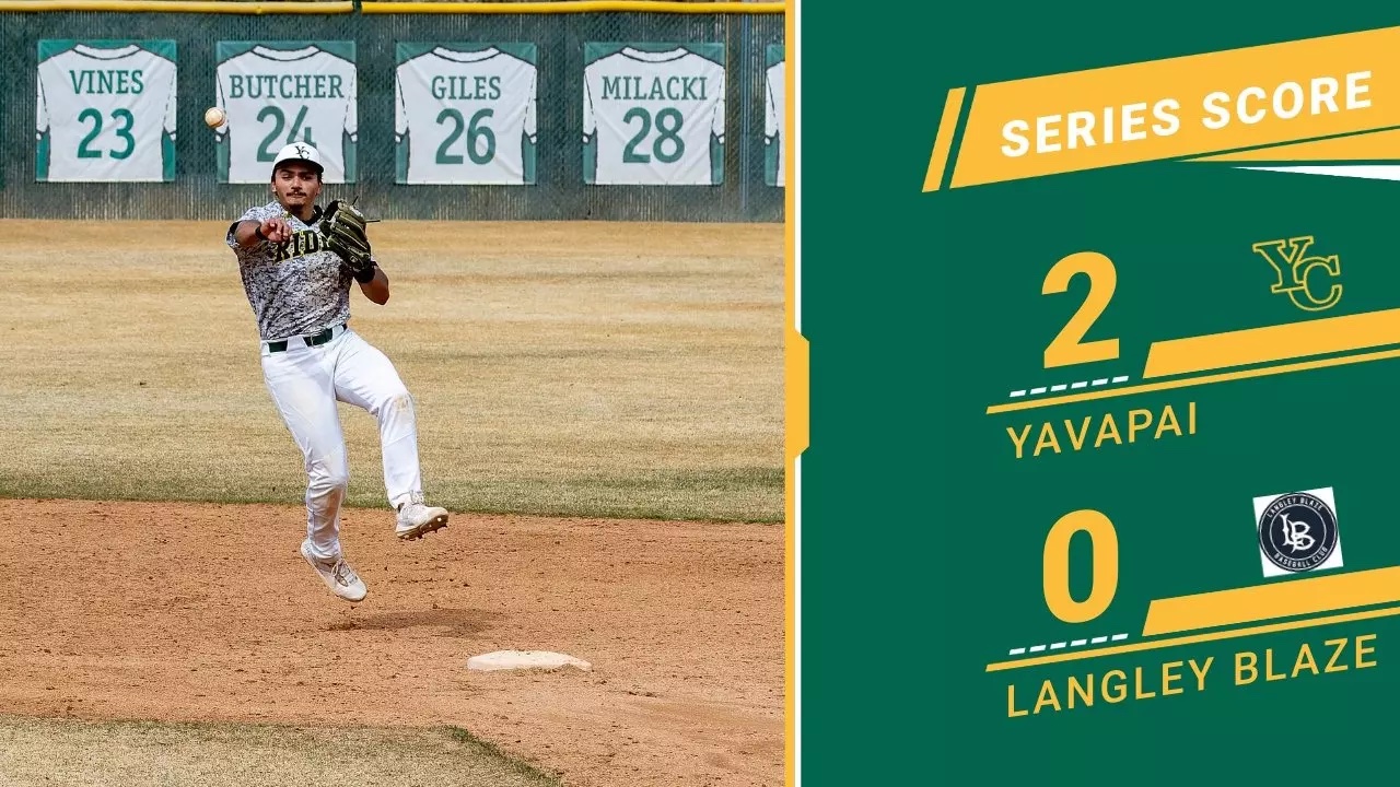 Yavapai College baseball player throws ball during game, game scores listed to the right.