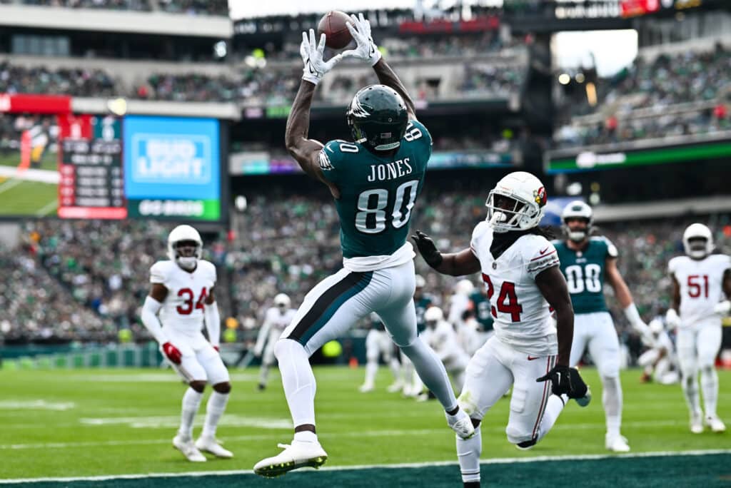 PHILADELPHIA, PA - DECEMBER 31: Philadelphia Eagles Wide Receiver Julio Jones (80) makes a touchdown reception in the first half during the game between the Arizona Cardinals and Philadelphia Eagles on December 31, 2023 at Lincoln Financial Field in Philadelphia, PA.