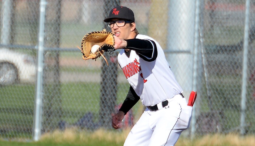 Ridgewater sophomore first baseman Andrew Prieve snags the ball at first for an out during Game 2 of an MCAC doubleheader against Alexandria Tech on Friday, May 2, 2025 at Klemmetson Field in Willmar.