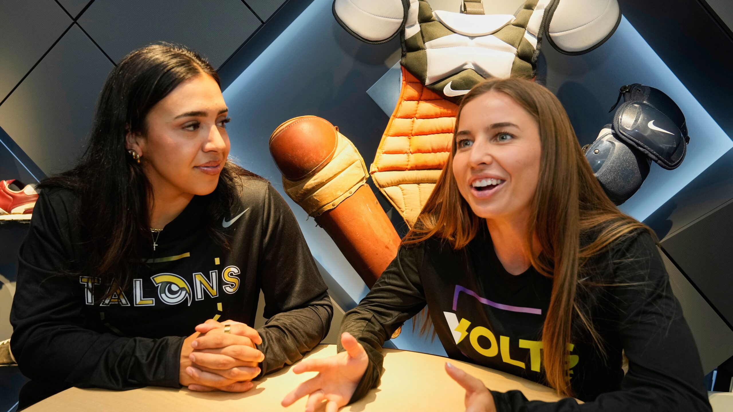 Athletes Unlimited Softball League players Sharlize Palacios of the Talons and Sis Bates of the Bolts attend Major League Baseball's headquarters in New York, May 29, 2025.