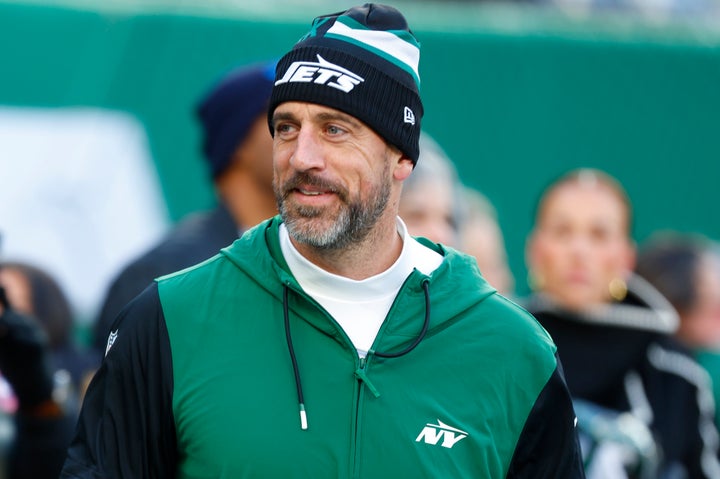New York Jets quarterback Aaron Rodgers before an NFL football game against the Miami Dolphins in January in East Rutherford, New Jersey.