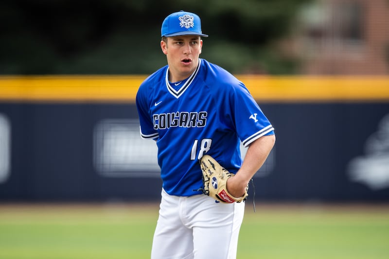 BYU pitcher Justin Sterner prepares to deliver a pitch during game against Saint Mary's on March 30 2019.