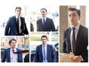 Clockwise from top left: Michael McLeod, Alex Formenton, Dillon Dube, Cal Foote and Carter Hart enter the London courthouse on Tuesday, April 22, 2025. (Derek Ruttan/The London Free Press)